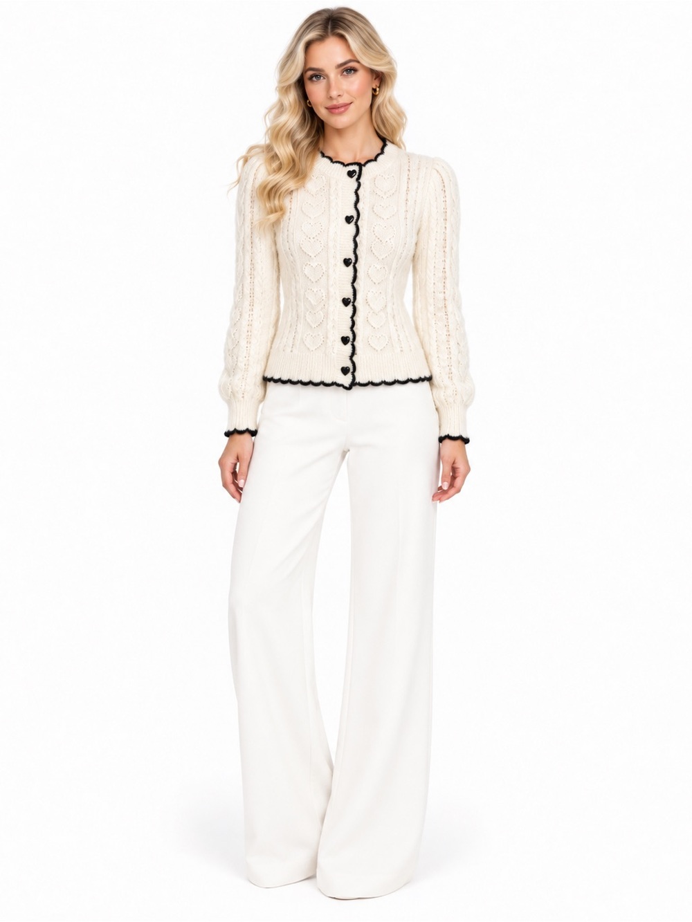 Alice + Olivia Cream Heart Knit Cardigan with Black Trim NWT